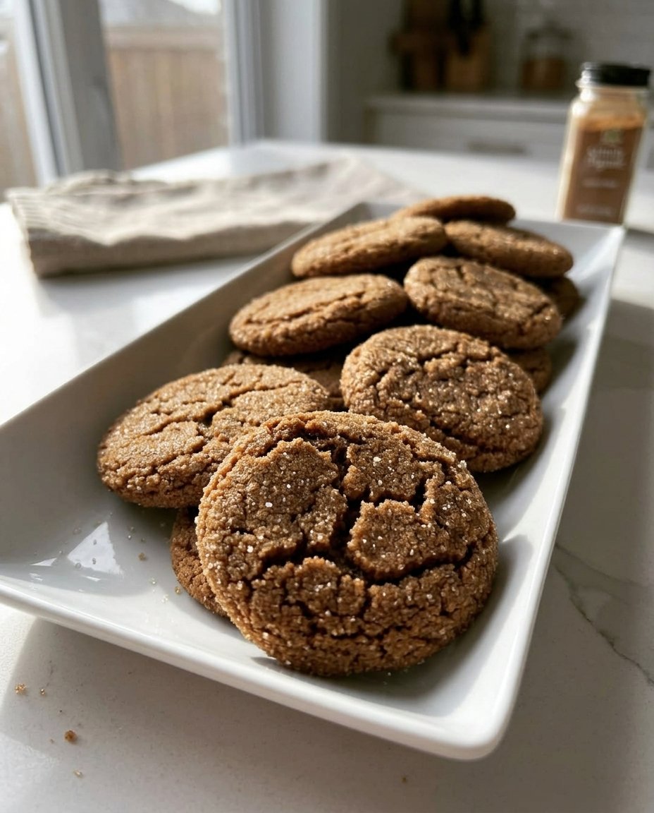 Measured ingredients for ginger cookies including molasses and spices in glass bowls