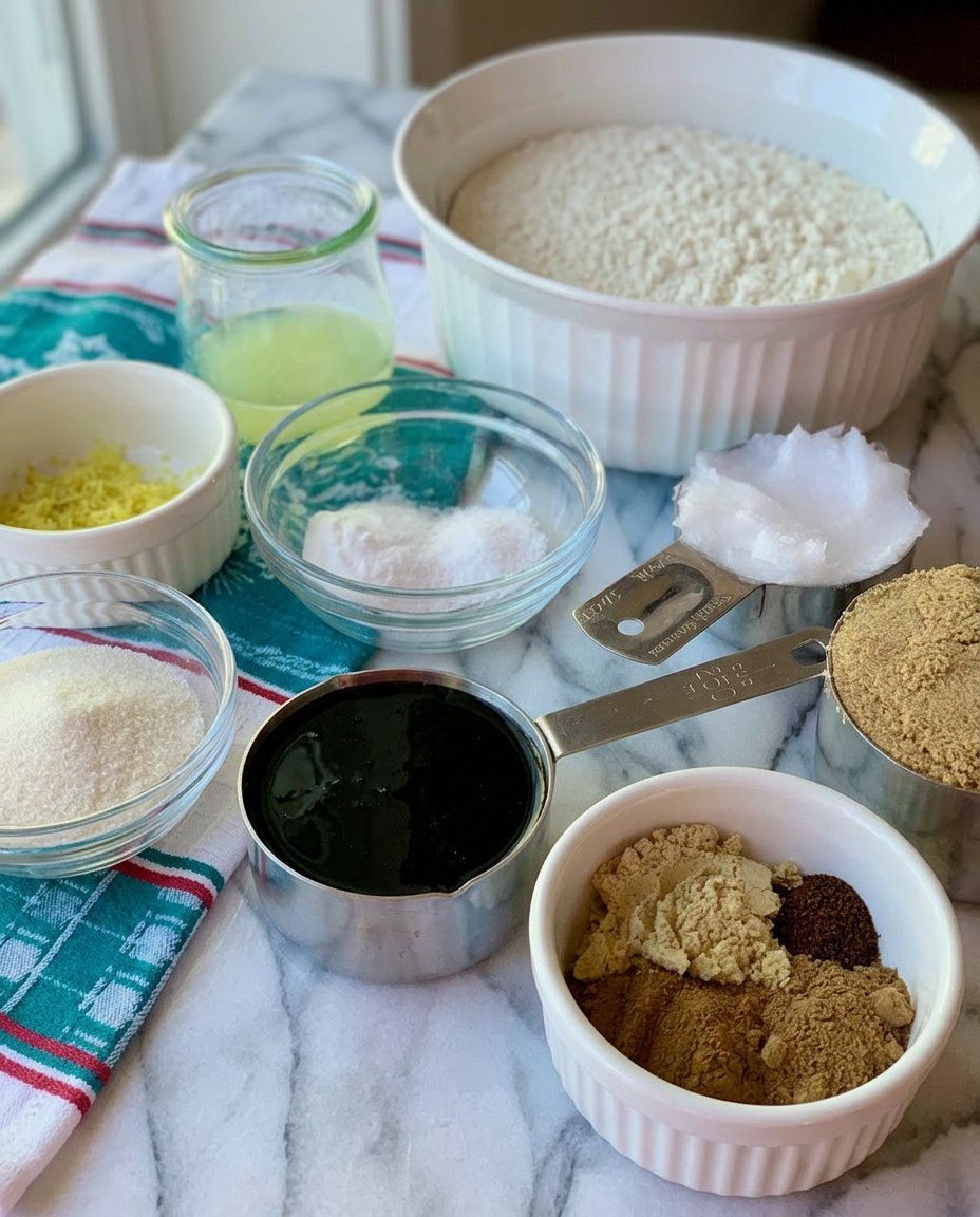 A collection of baking ingredients including molasses, ginger, lemon, and spices