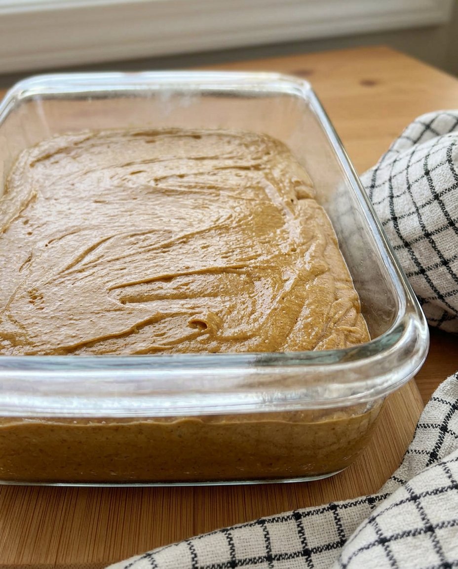Gingerbread cake batter being smoothed into a baking pan.