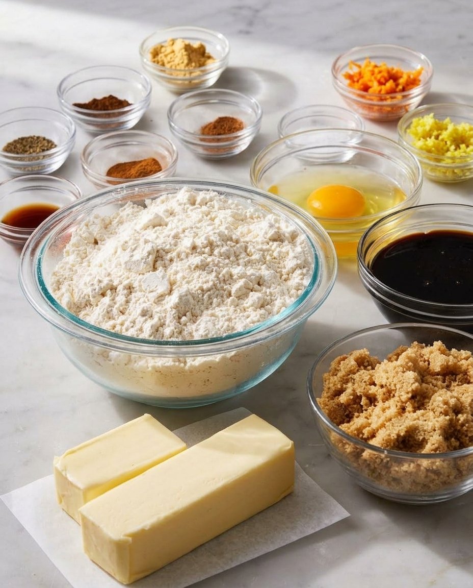 Bowls of flour, molasses, ginger, and cinnamon on a wooden surface.