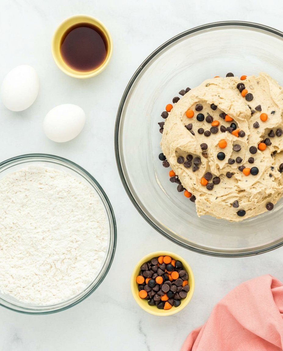 Ingredients for Halloween chocolate chip cookies including flour and chocolate chips