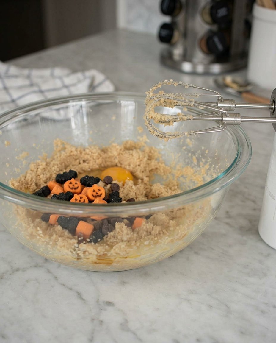 Close up of piping chocolate spider legs onto a cookie