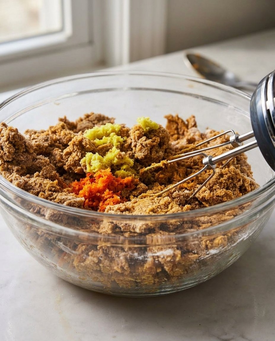 Ingredients for hermit cookies including whole wheat pastry flour and spices laid out on a marble surface.