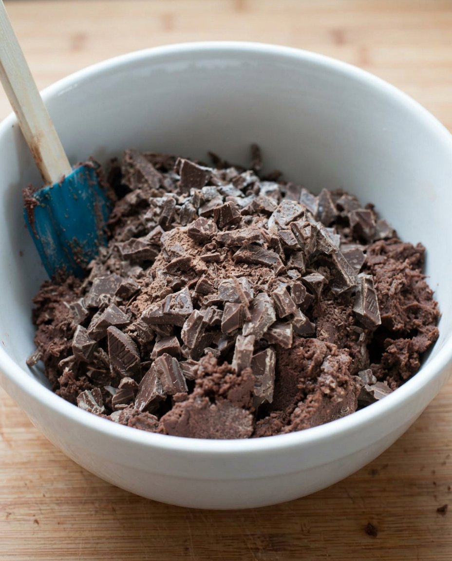 Measured ingredients for thin chocolate chip cookies including melted butter and brown sugar.