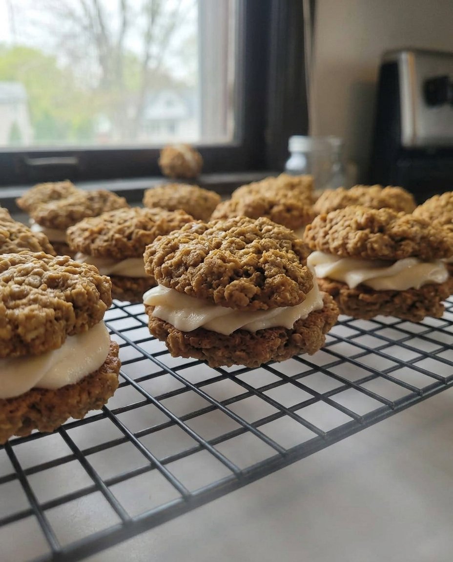 Oatmeal cream pies served on a white plate with a cup of tea