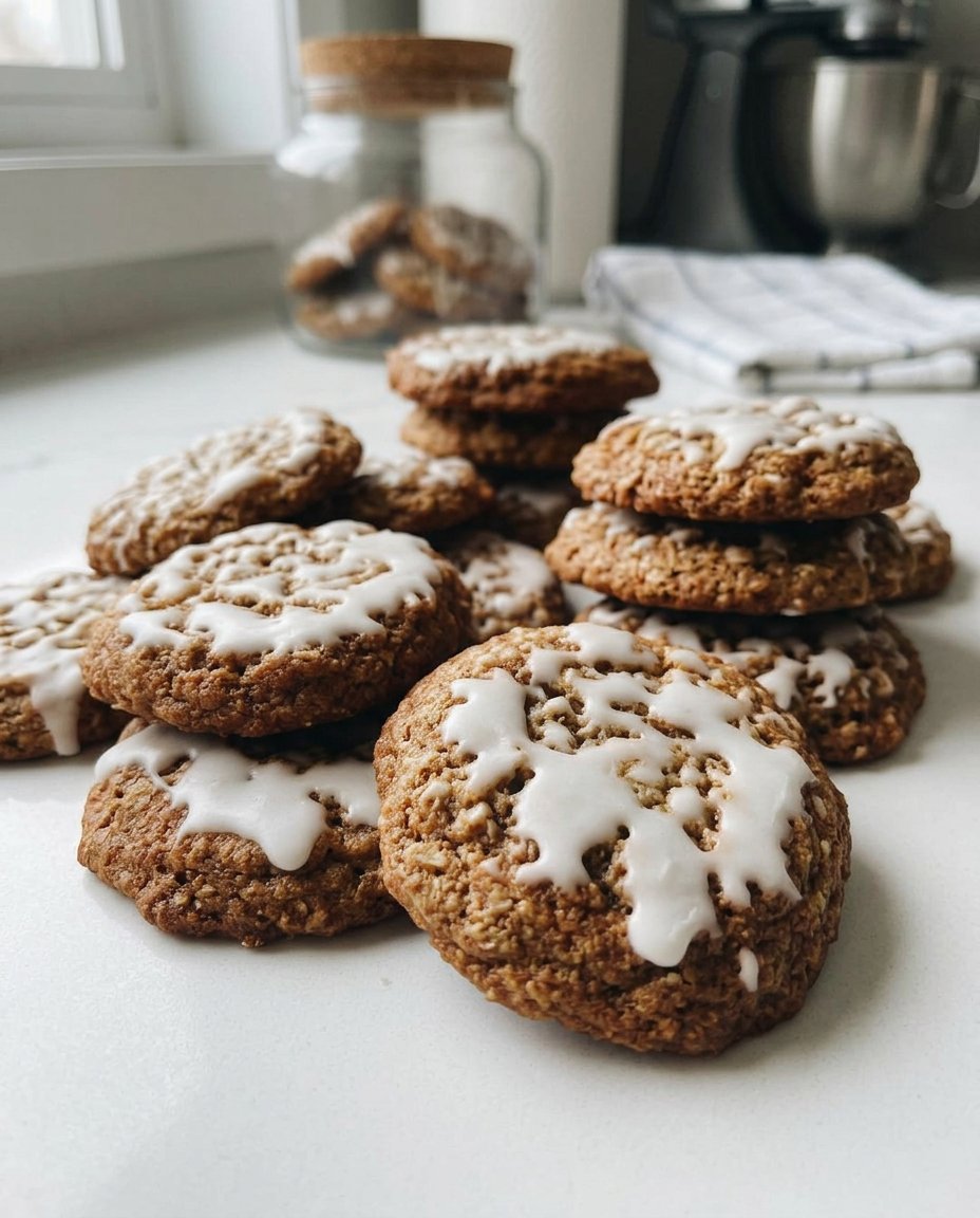 Iced oatmeal cookies showing the cracked icing texture and golden edges