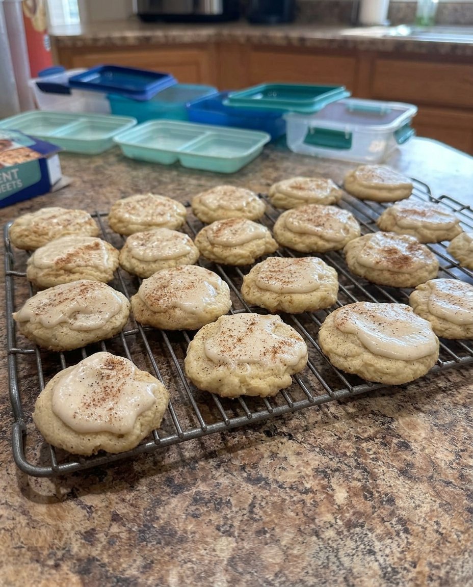 Freshly iced chai cookies cooling on a wire rack with smooth eggnog glaze.