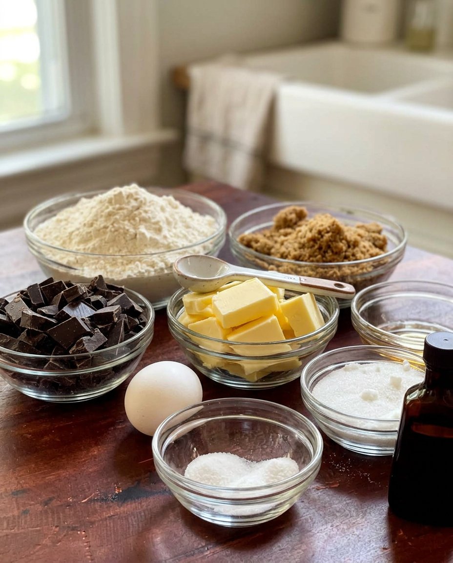An array of ingredients including dark brown sugar, salted butter, and chopped dark chocolate chunks.