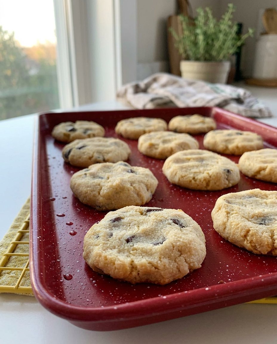 Tender keto chocolate chip cookies arranged on a cooling rack with traditional British tea service in the background.