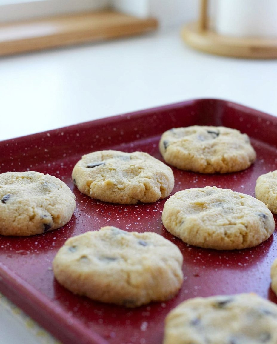 A stack of keto chocolate chip cookies served on a vintage china plate next to a steaming cup of tea.