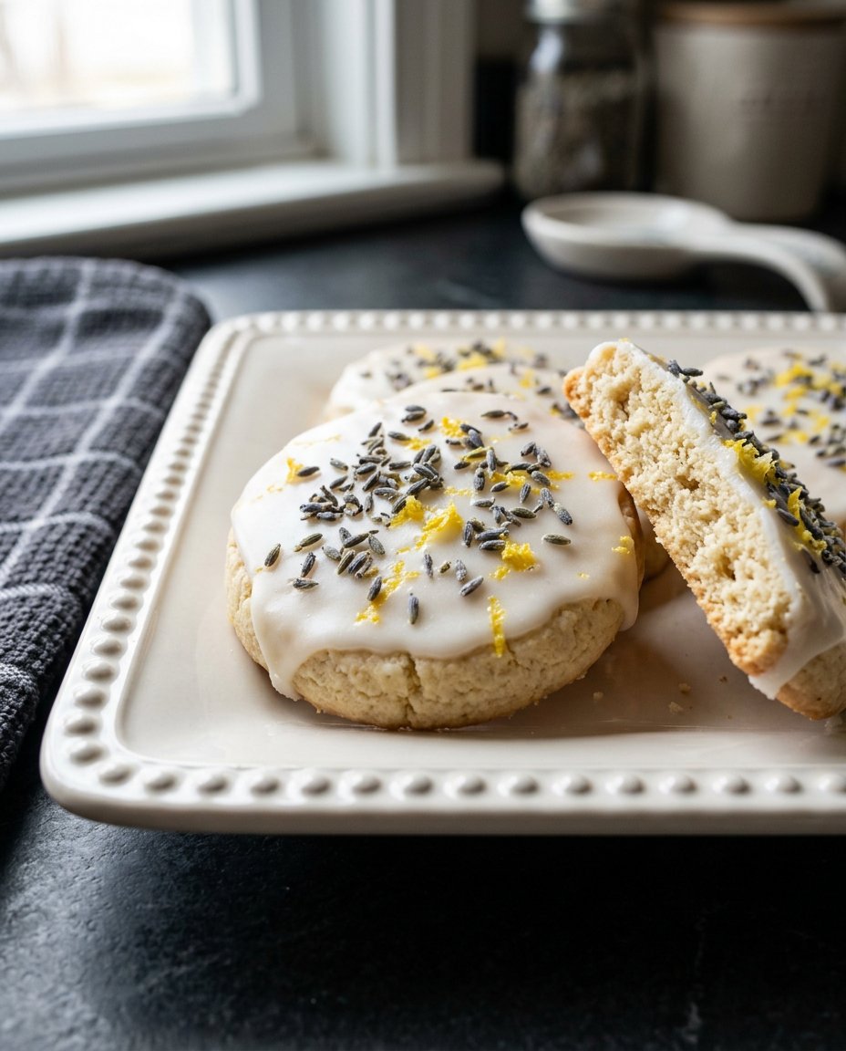 A close up of lavender shortbread cookies showing the fine lavender specks and crisp edges.