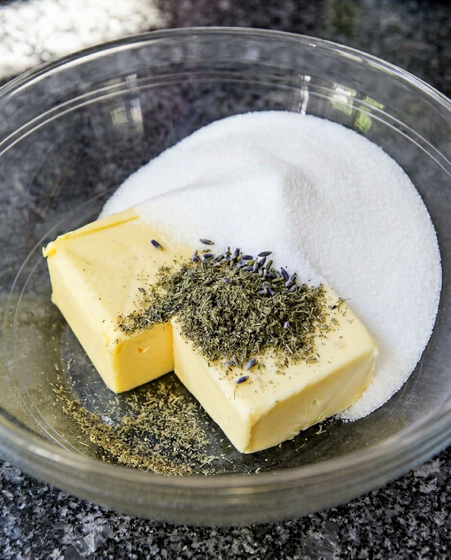 Dried lavender, salted butter, sugar, and flour arranged for a scientific recipe overview.