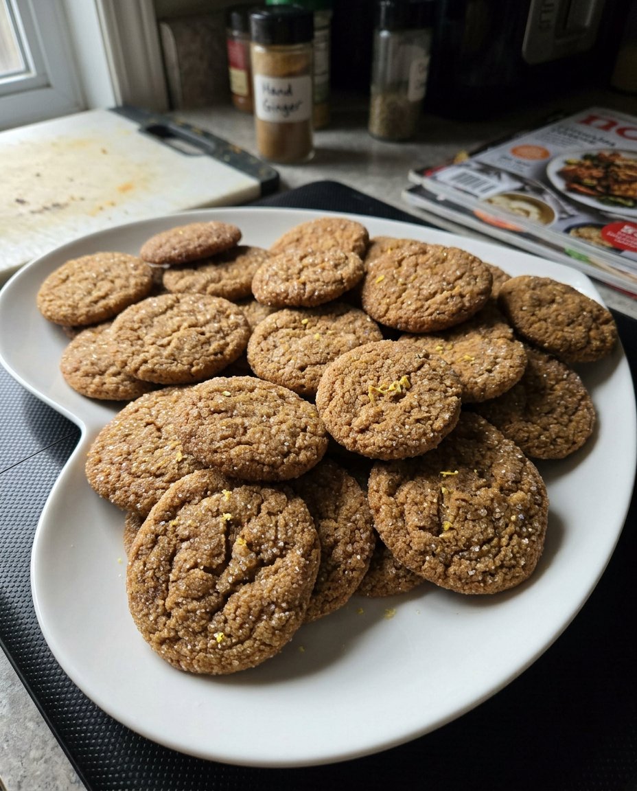 Golden brown lemon ginger snaps with a creamy white filling on a marble surface