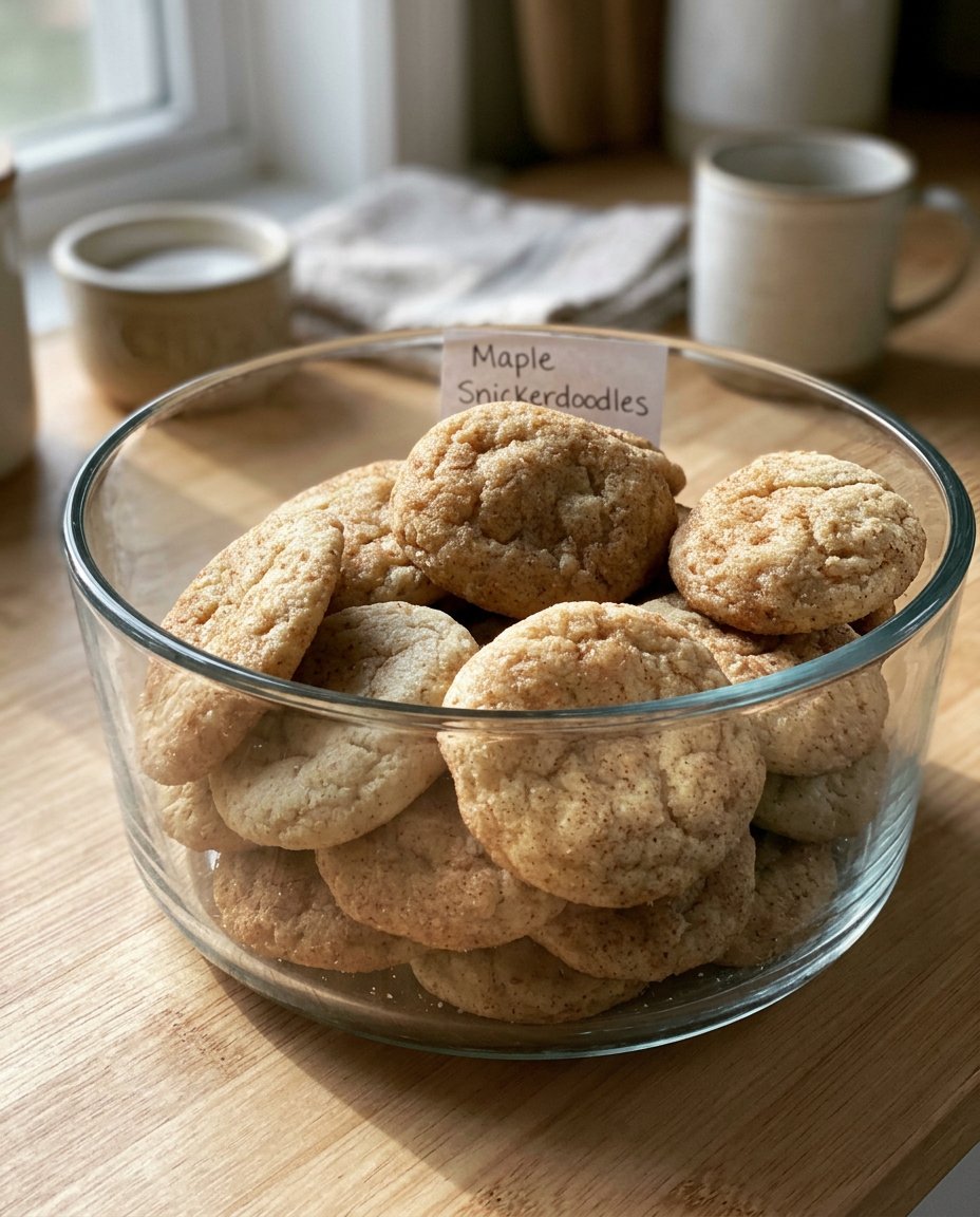 A close up view of several maple snickerdoodles showing a cracked cinnamon sugar surface and thick doughy centers.