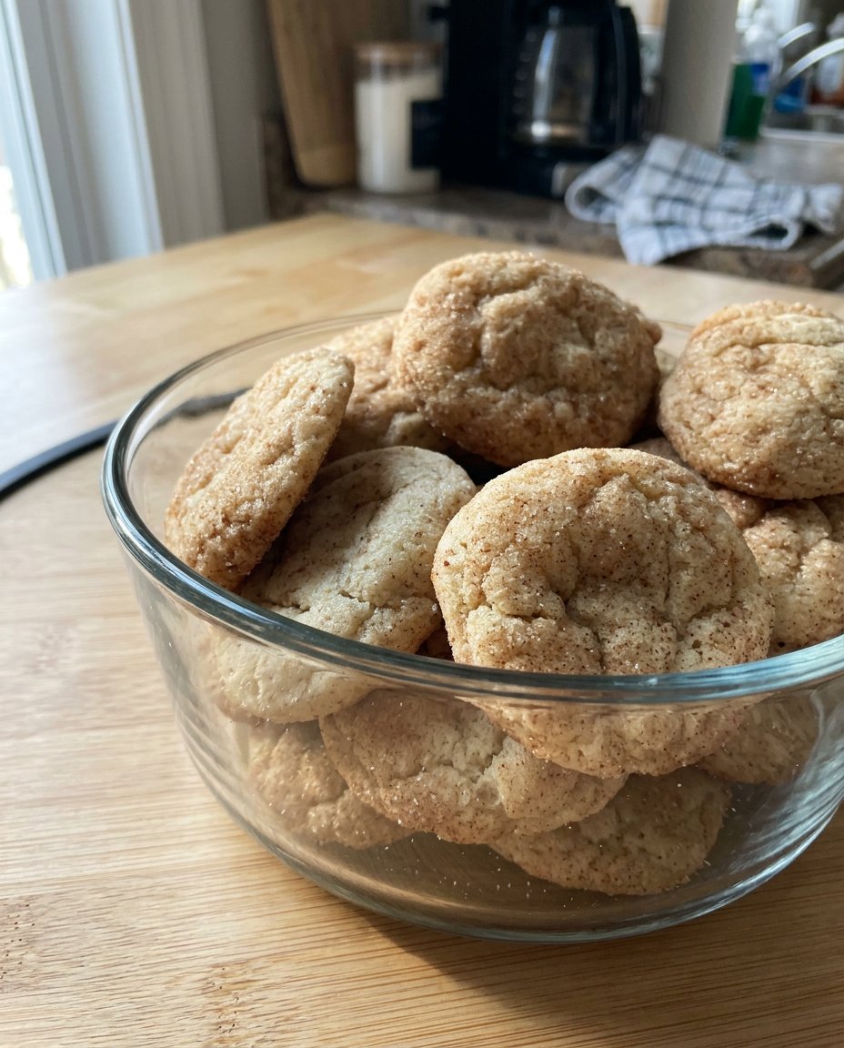 Maple snickerdoodles served on a classic plate next to a cup of hot tea.