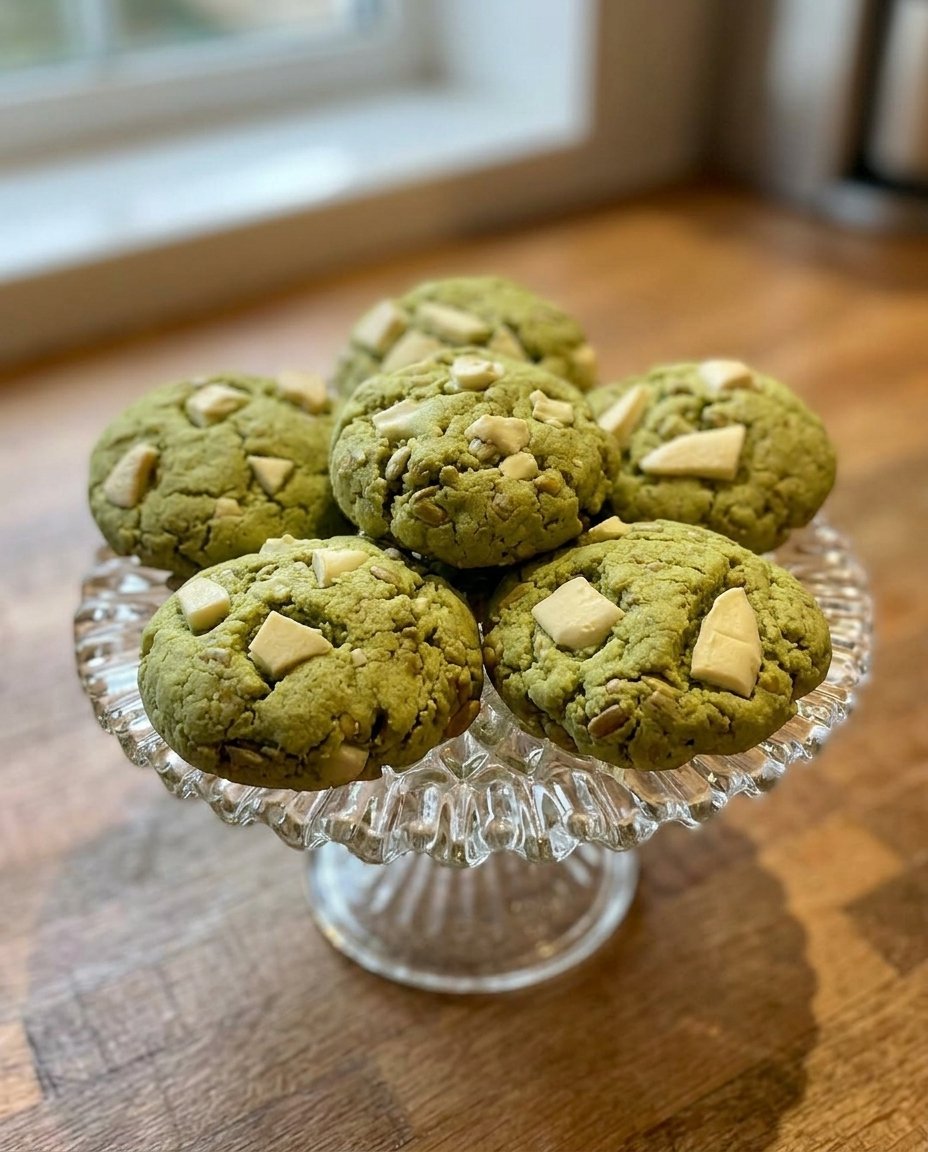 Matcha chocolate chips inside a baked cookie
