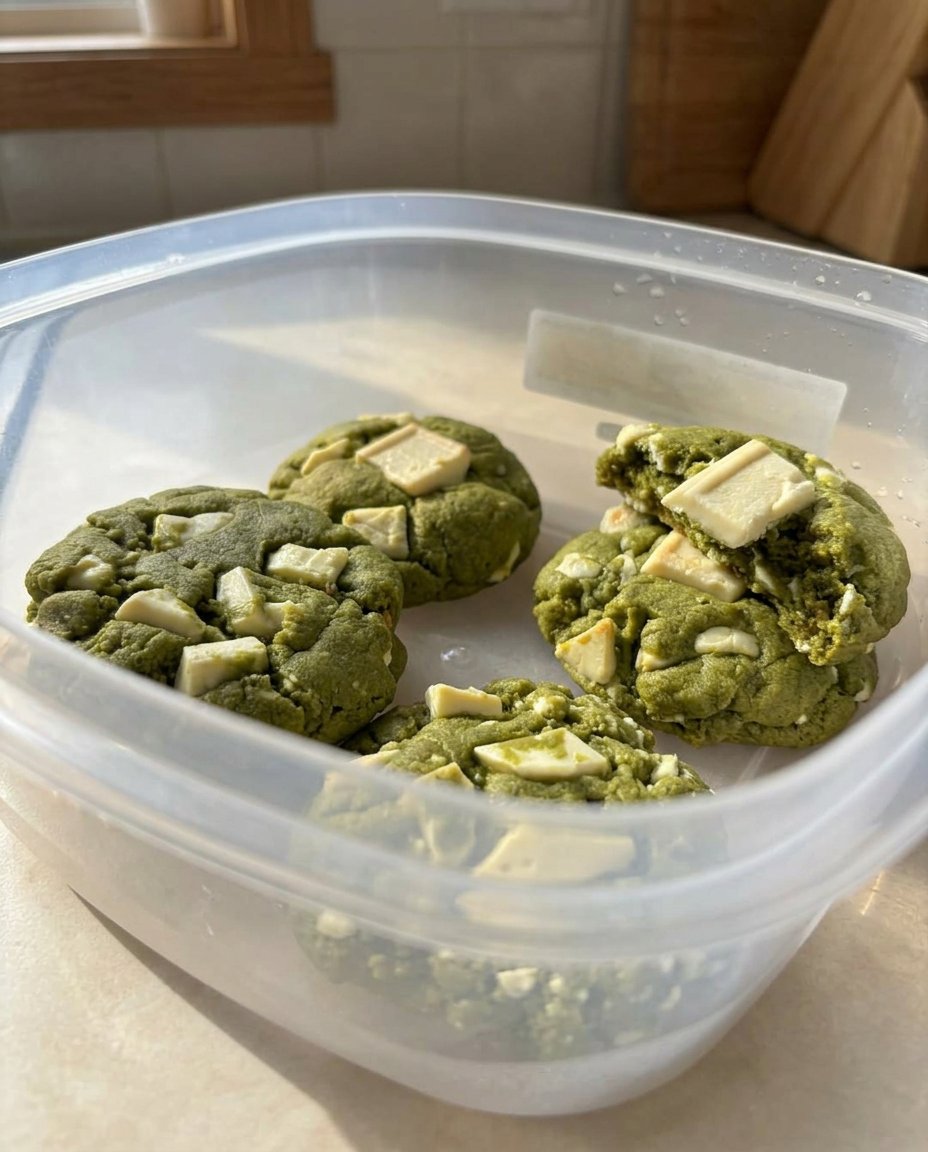 Stack of matcha white chocolate cookies next to a cup of hot green tea.