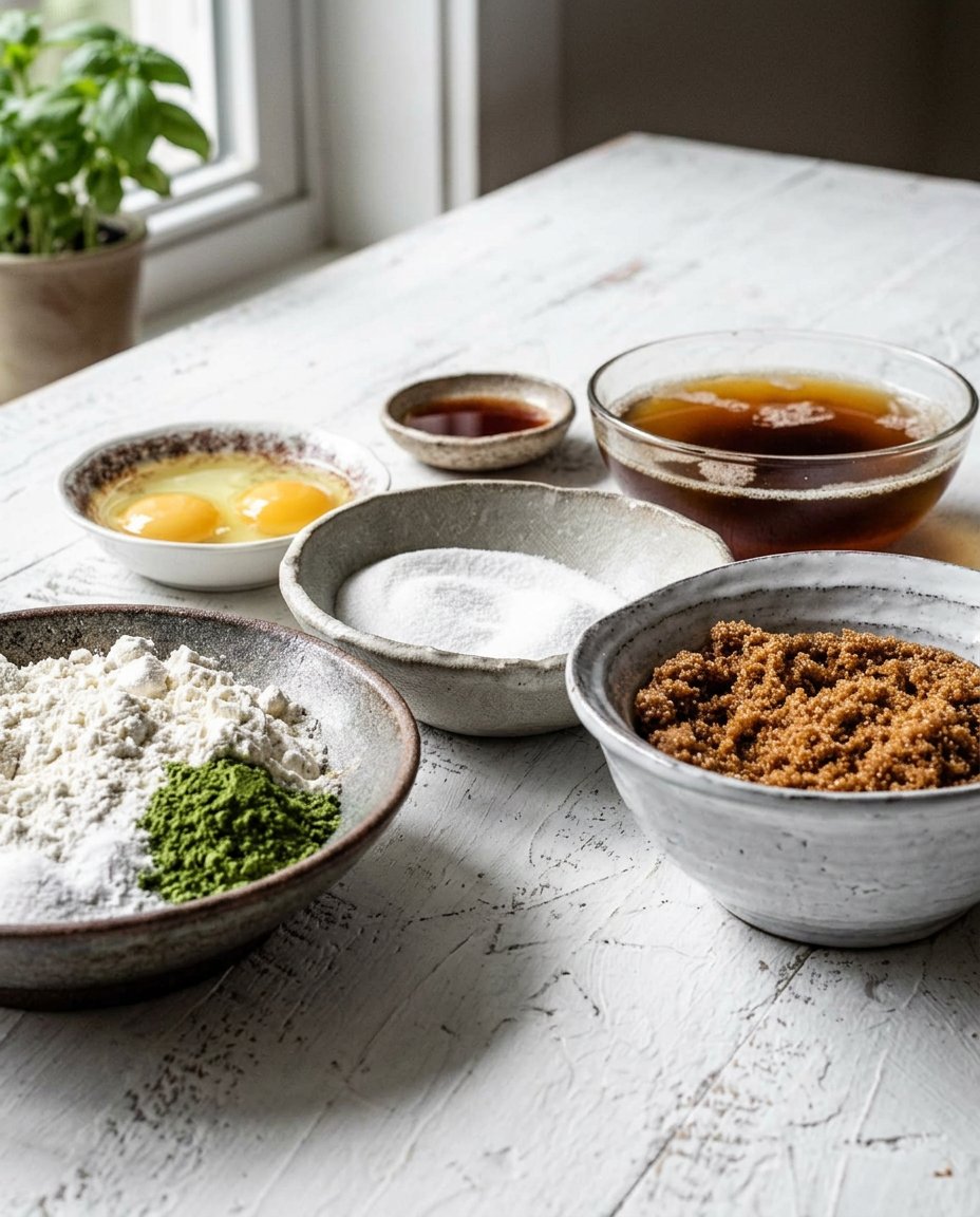 Bowl of bright green matcha powder next to a bowl of white chocolate chips.