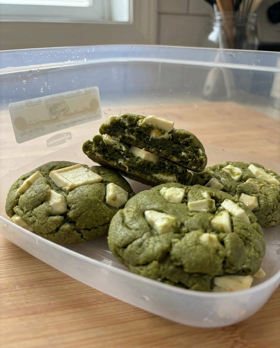 Close up of a green matcha white chocolate cookie with a soft center and white chocolate chips.