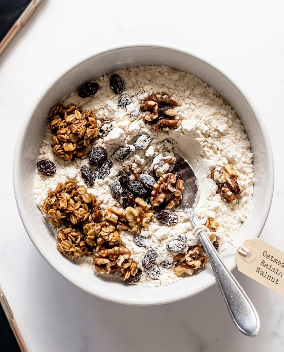 Bowls of measured oats walnuts and raisins for baking