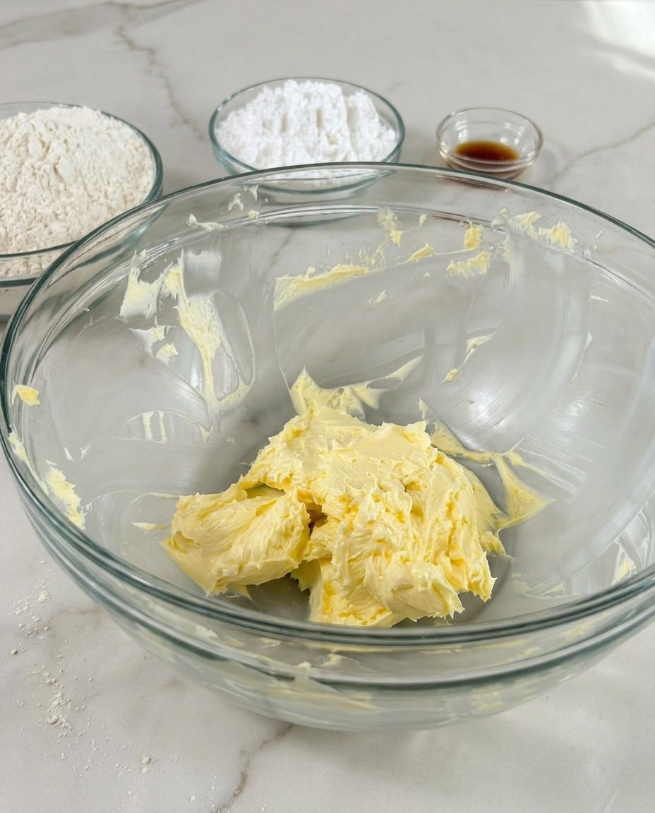 Bowls of measured oats, flour, brown sugar and raisins on a white marble surface