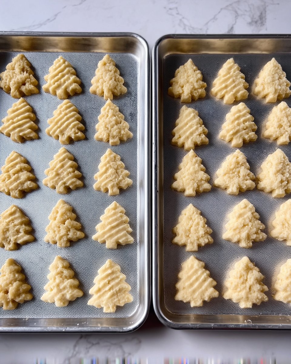 A metal cookie press being used to extrude dough onto a cold aluminum baking sheet.