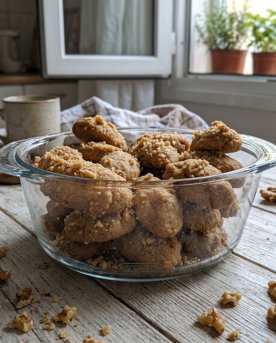 A stacked pyramid of finished melomakarona cookies with chopped walnuts