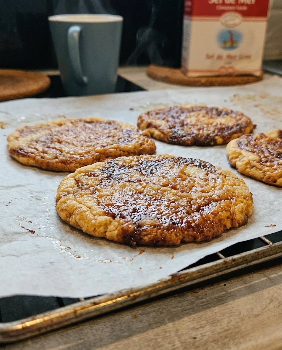 A close up view of a miso caramel cookie showing the rippled edges and chewy center