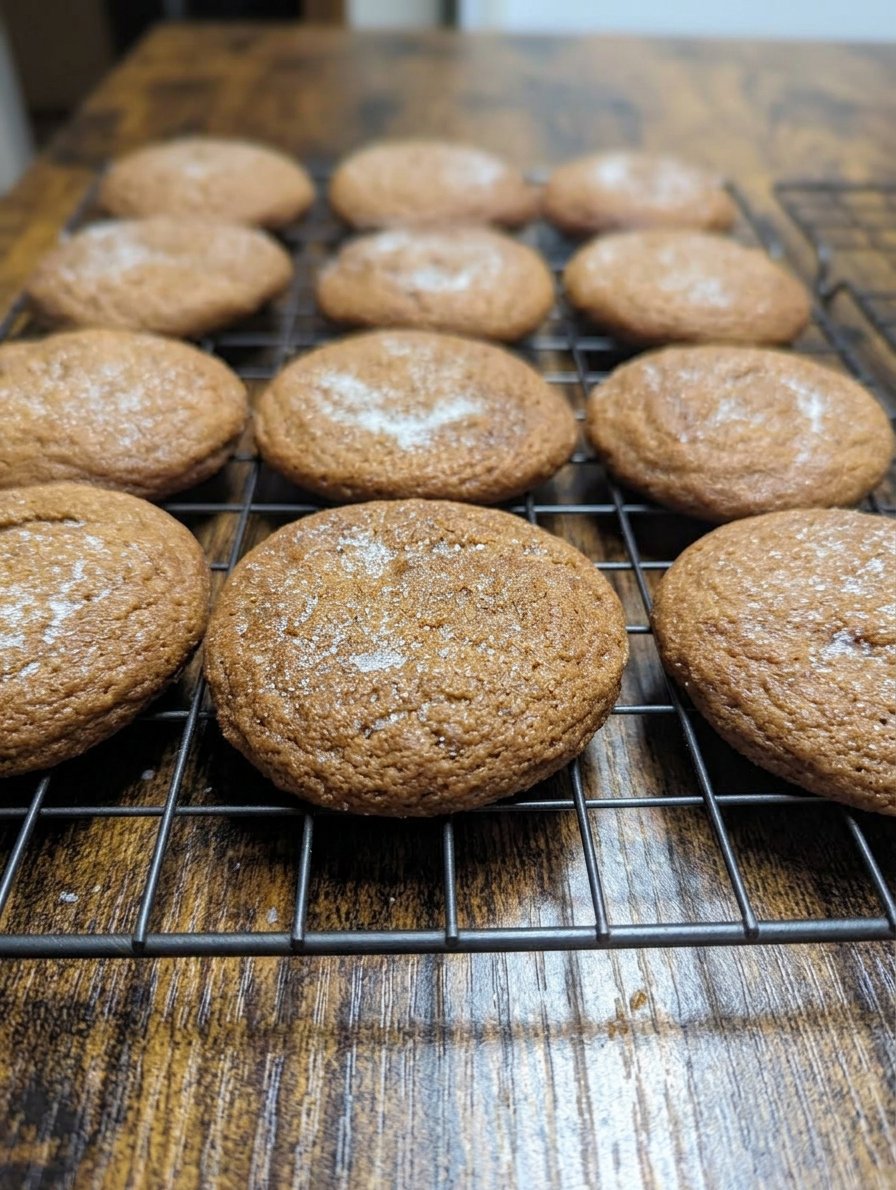 A baking sheet of cookies being tapped on a counter to create ripples