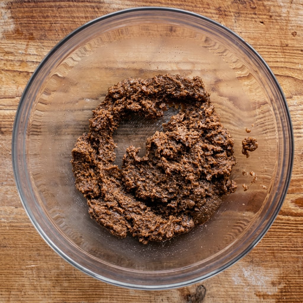 Traditional baking spices and dark molasses on a wooden surface