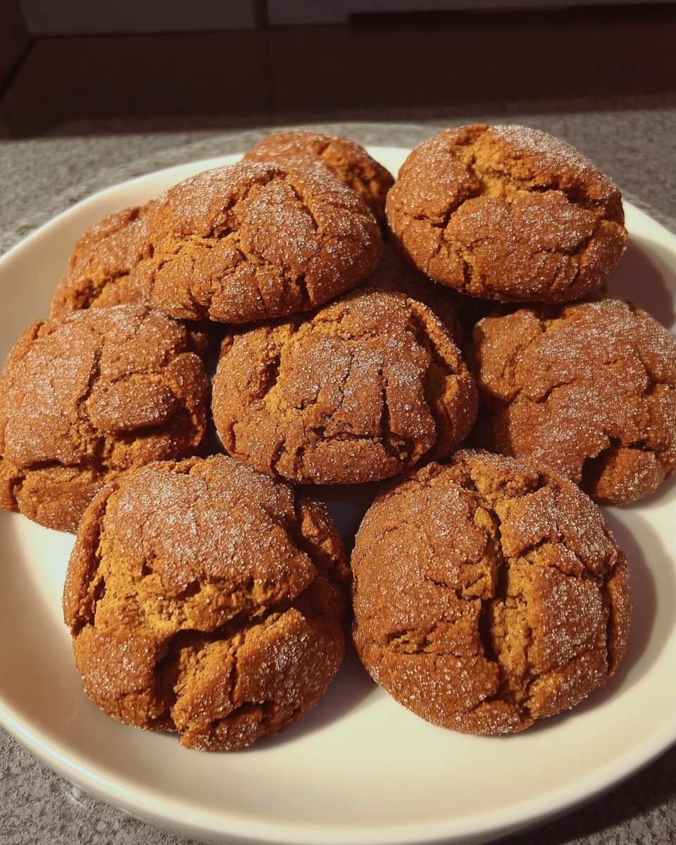 A close up of cracked molasses ginger cookies showing proper surface tension and texture.