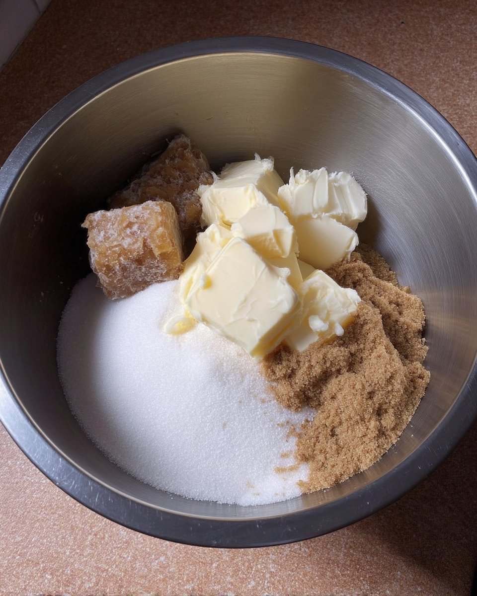 Ingredients for Mrs Fields Copycat including cold butter cubes and dark brown sugar