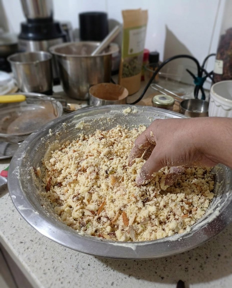 Chilled Naan Khatai dough being shaped into discs