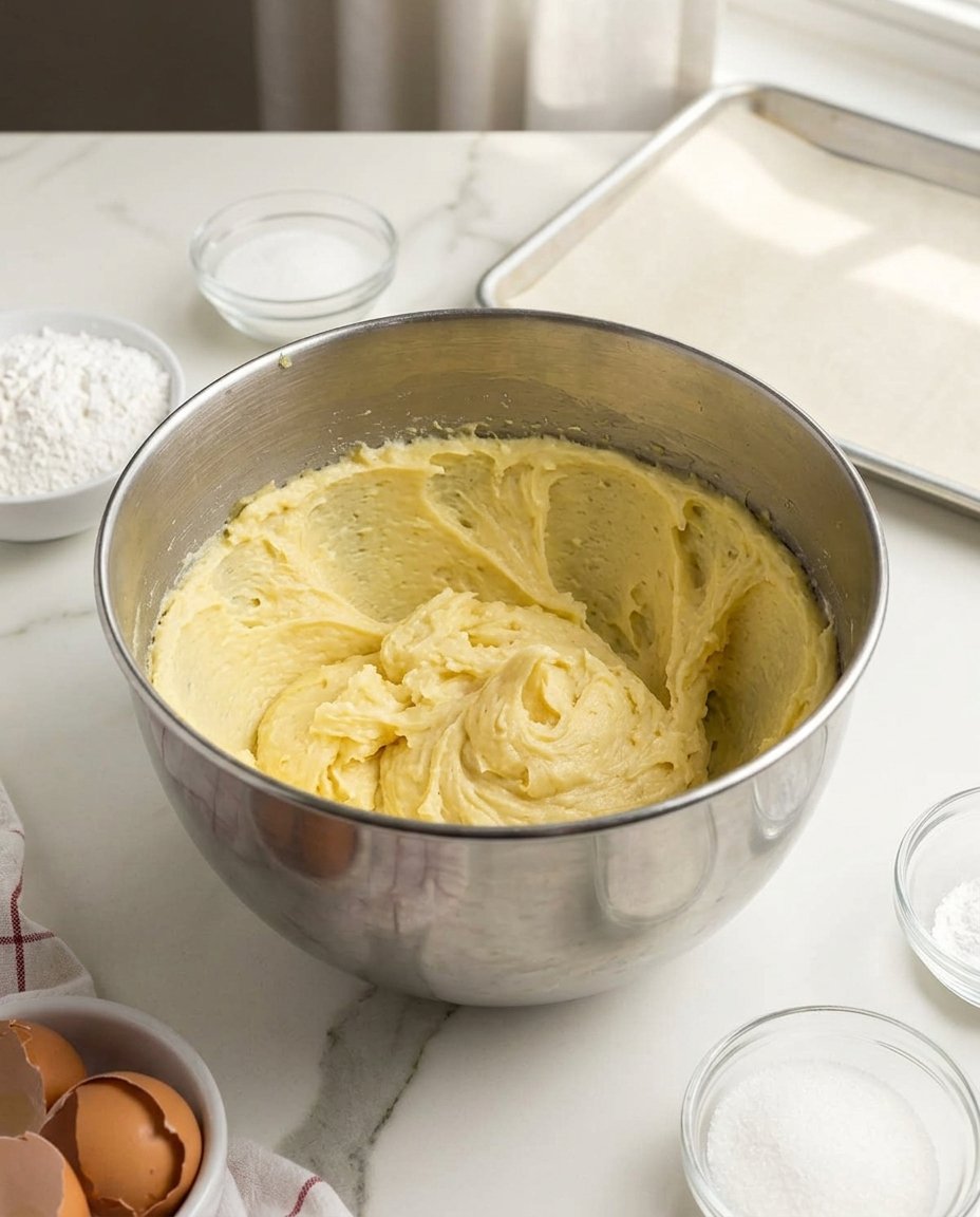 A close-up of hands massaging coconut oil into flour to create a crumbly dough.
