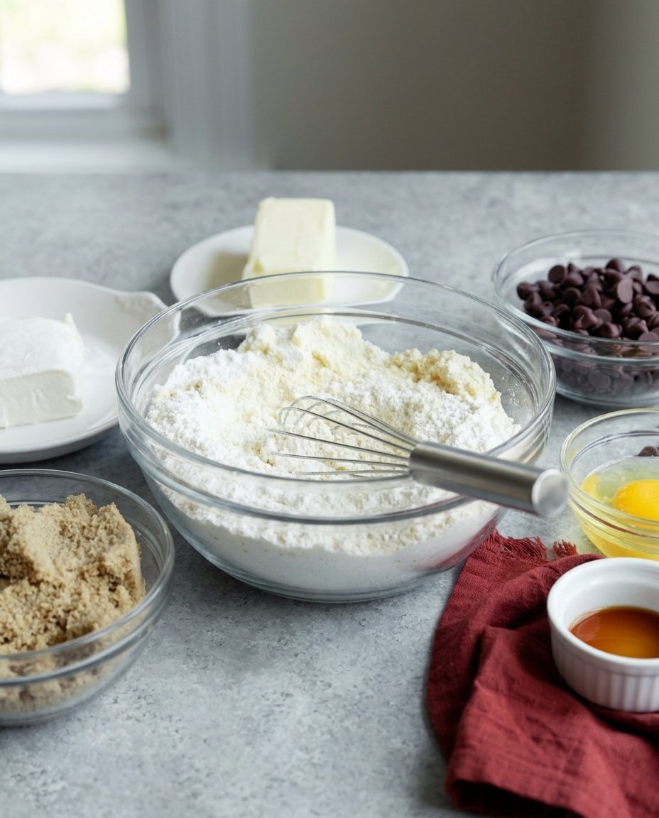 Bowls of chickpea flour, semolina, and all-purpose flour arranged on a wooden table.