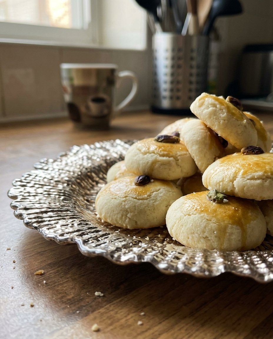 A cup of Masala Chai served next to two garnished Naan Khatai biscuits.