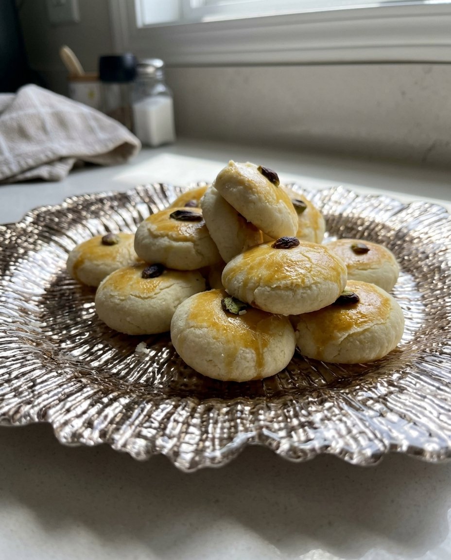 A stack of golden brown Naan Khatai biscuits on a traditional platter.