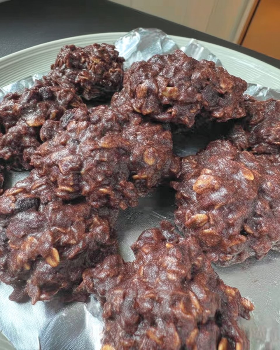 Traditional no bake chocolate oatmeal cookies set on waxed paper
