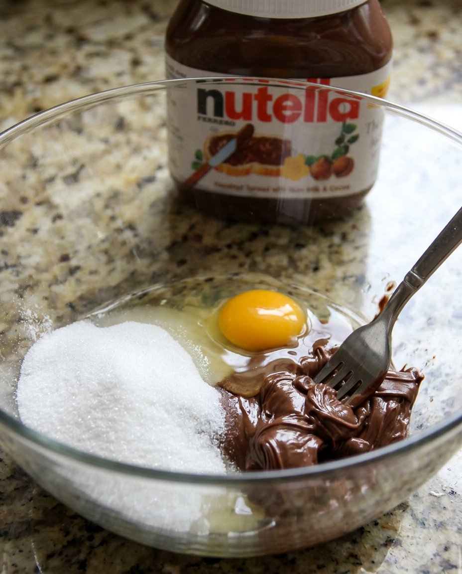 The three main ingredients for Nutella cookies arranged on a wooden board with British measuring tools.