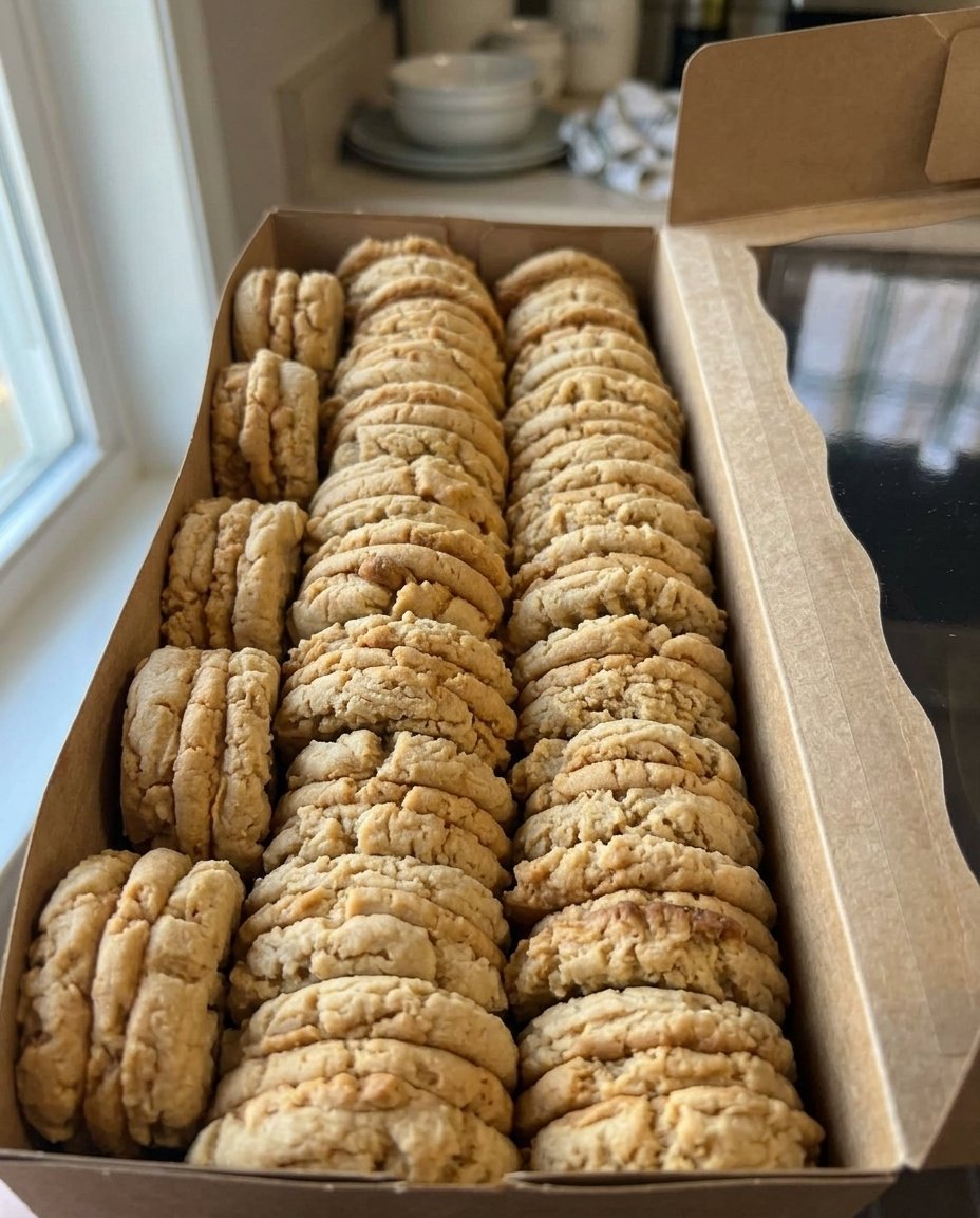 A close up of a Nutter Butter Copycat sandwich cookie showing the precise 1/8 inch thickness and decorative crosshatch pattern.
