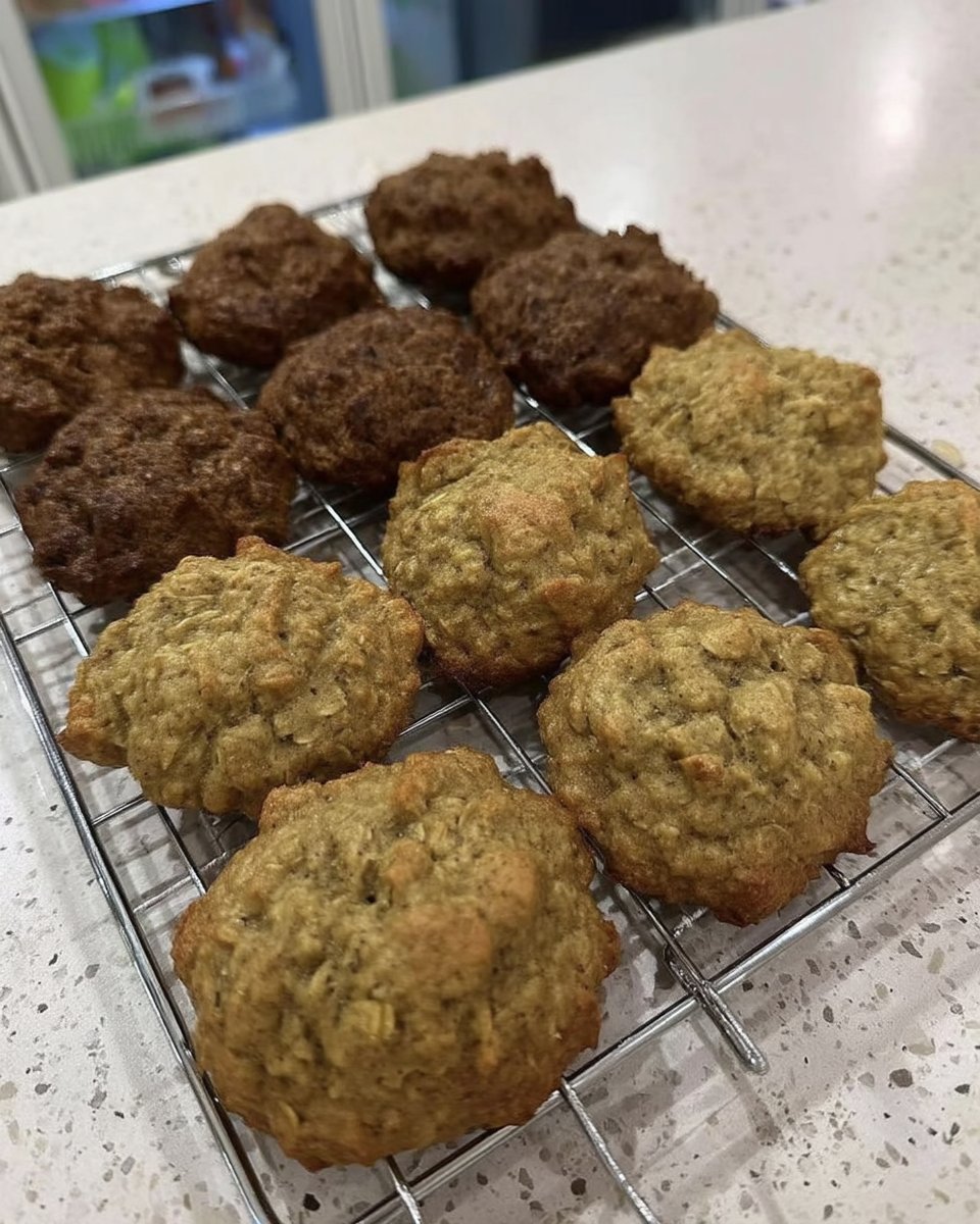 Oatmeal banana cookies on a cooling rack showing the texture of oats and banana