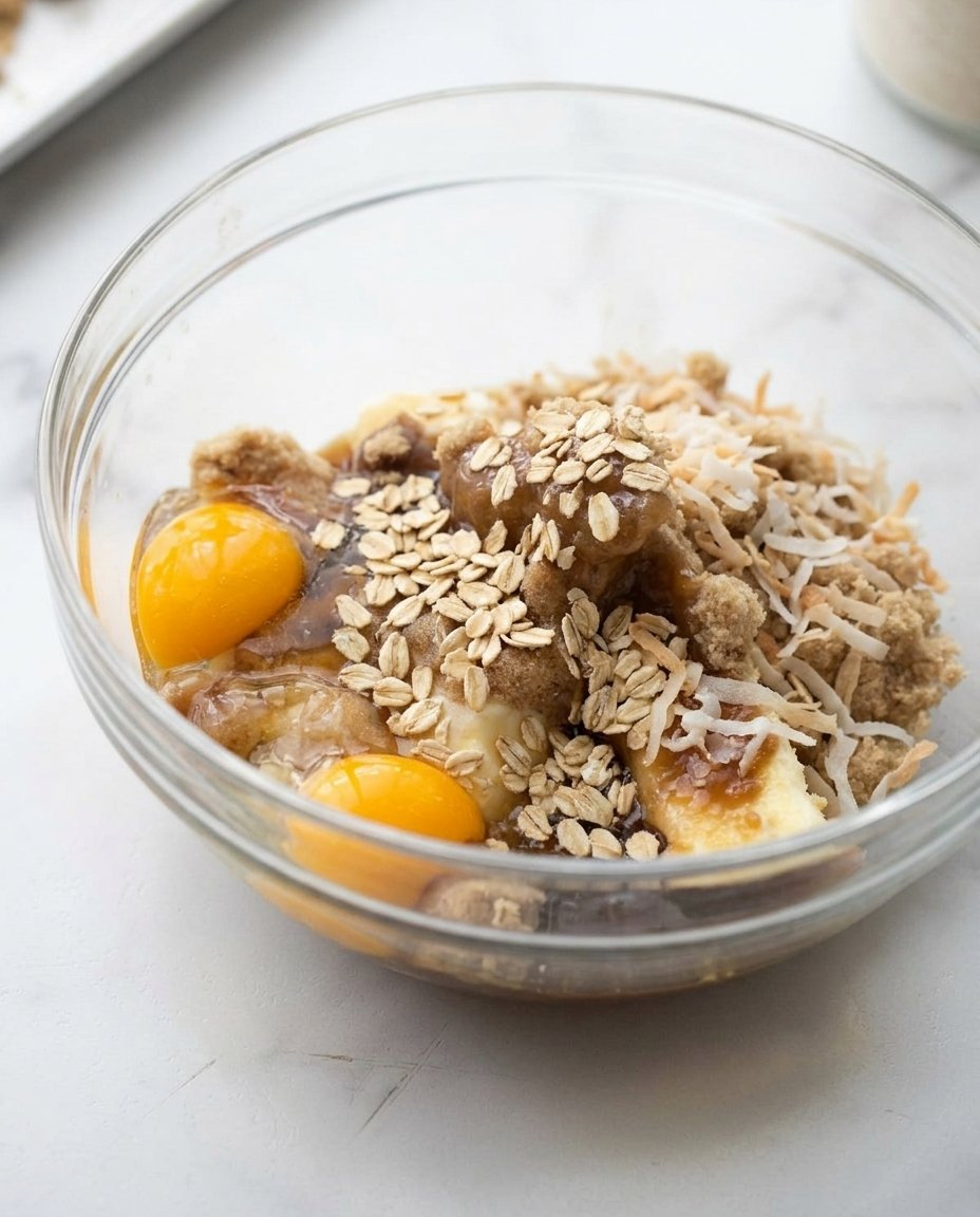 Raw ingredients for oatmeal coconut cookies measured in grams