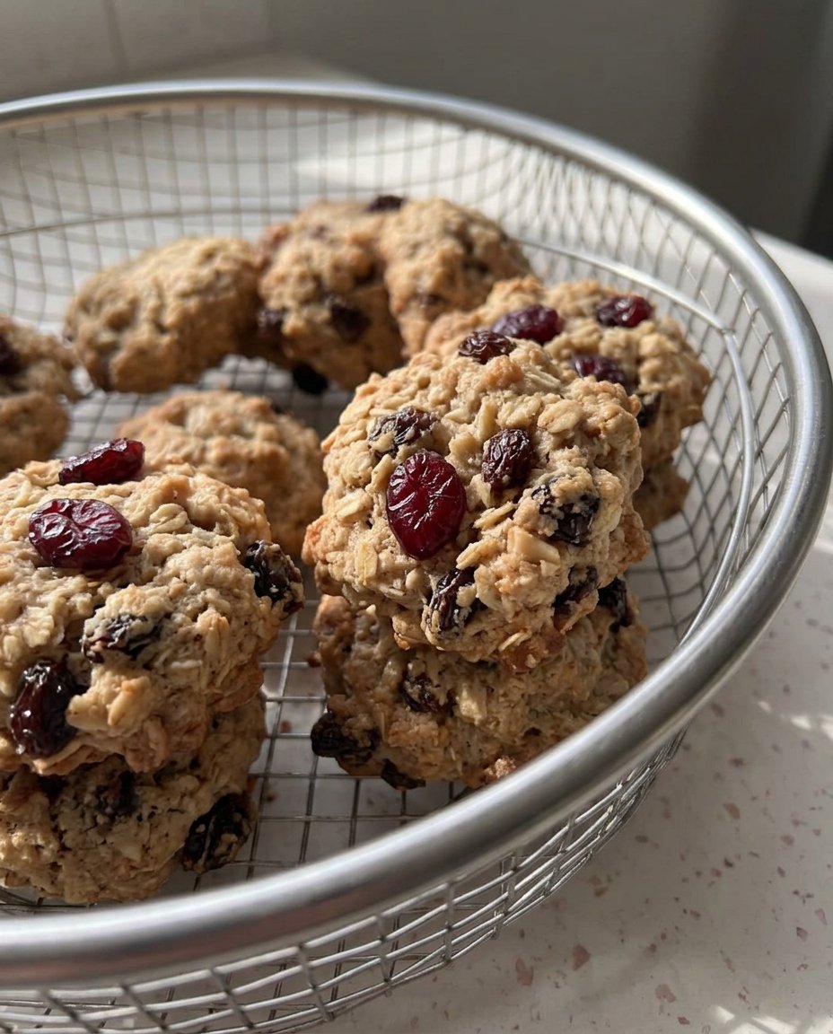 Oatmeal raisin cranberry cookies on a baking sheet highlighting texture.