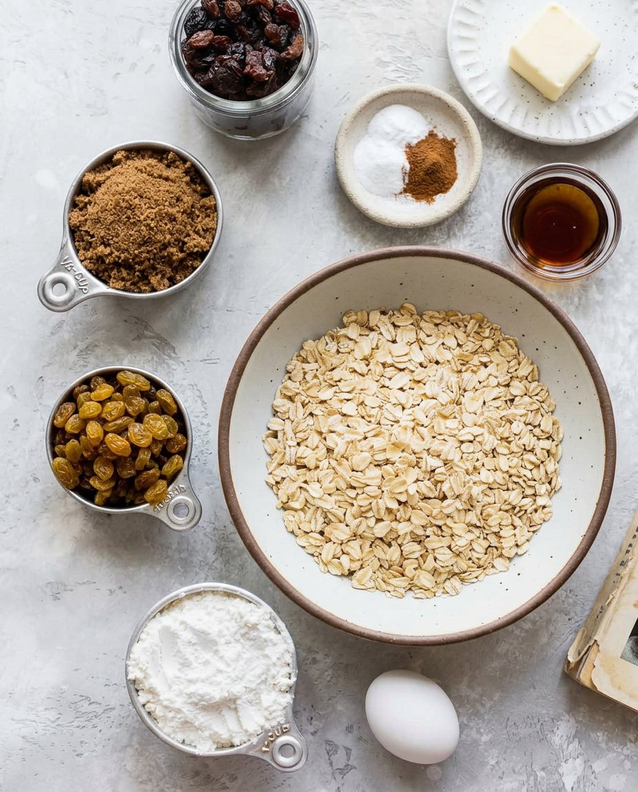 All ingredients for oatmeal raisin cookies measured in glass bowls on a white marble surface.
