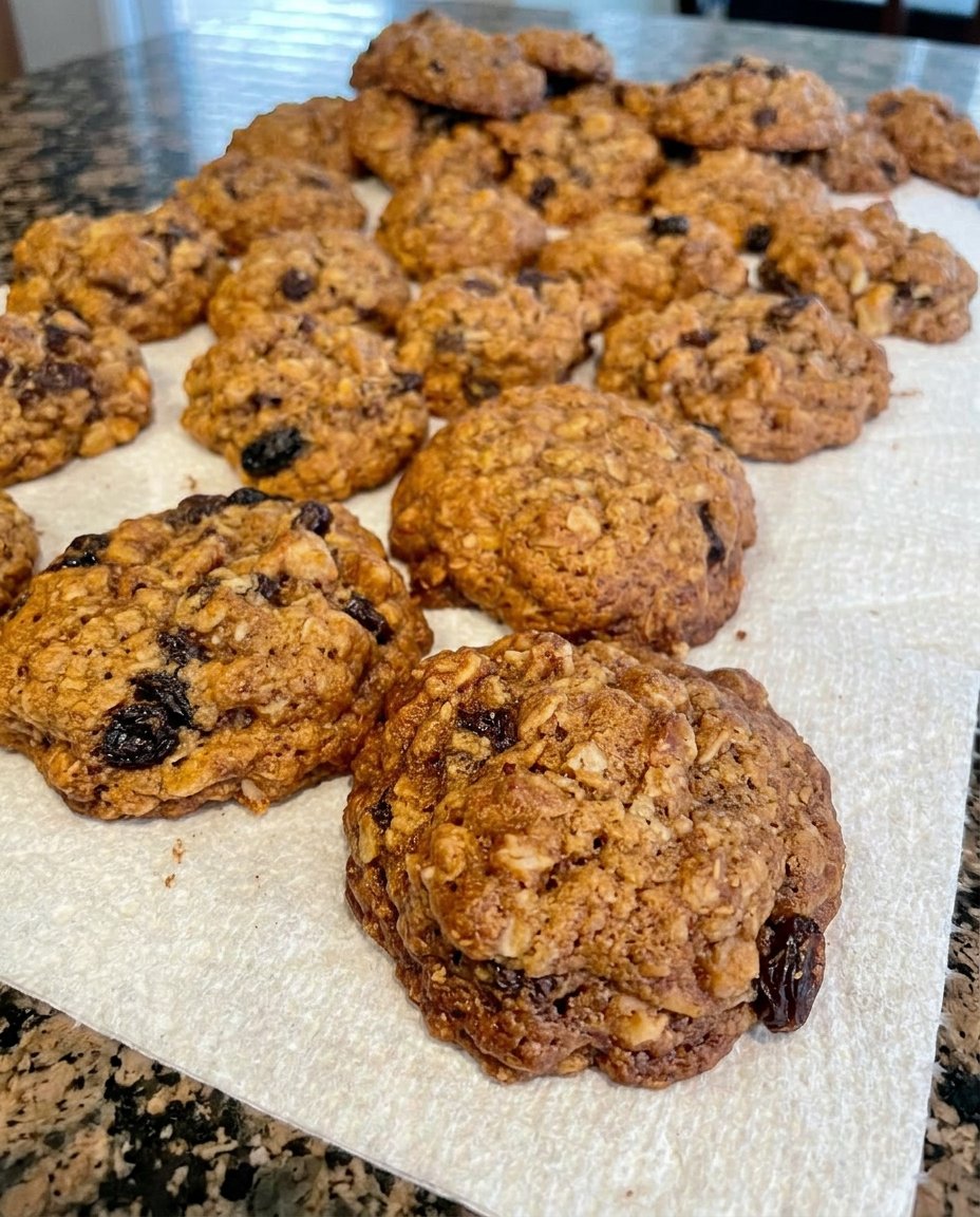 Oatmeal raisin walnut cookie showing internal texture and raisins