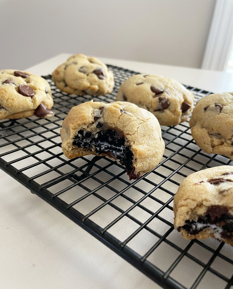 A stack of Oreo stuffed cookies next to a glass of milk.