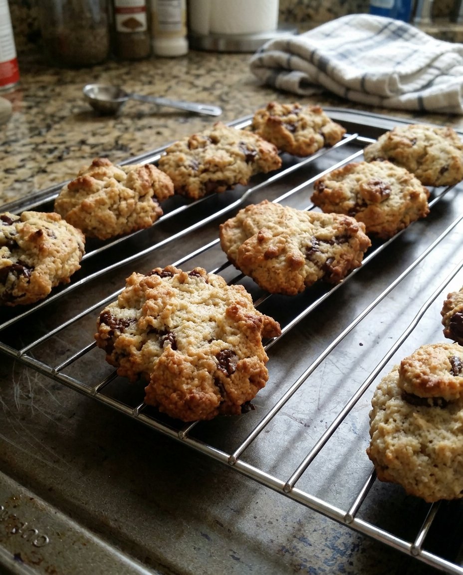 A close up of a thick chewy paleo chocolate chip cookie showing melted chocolate and nut flour texture.