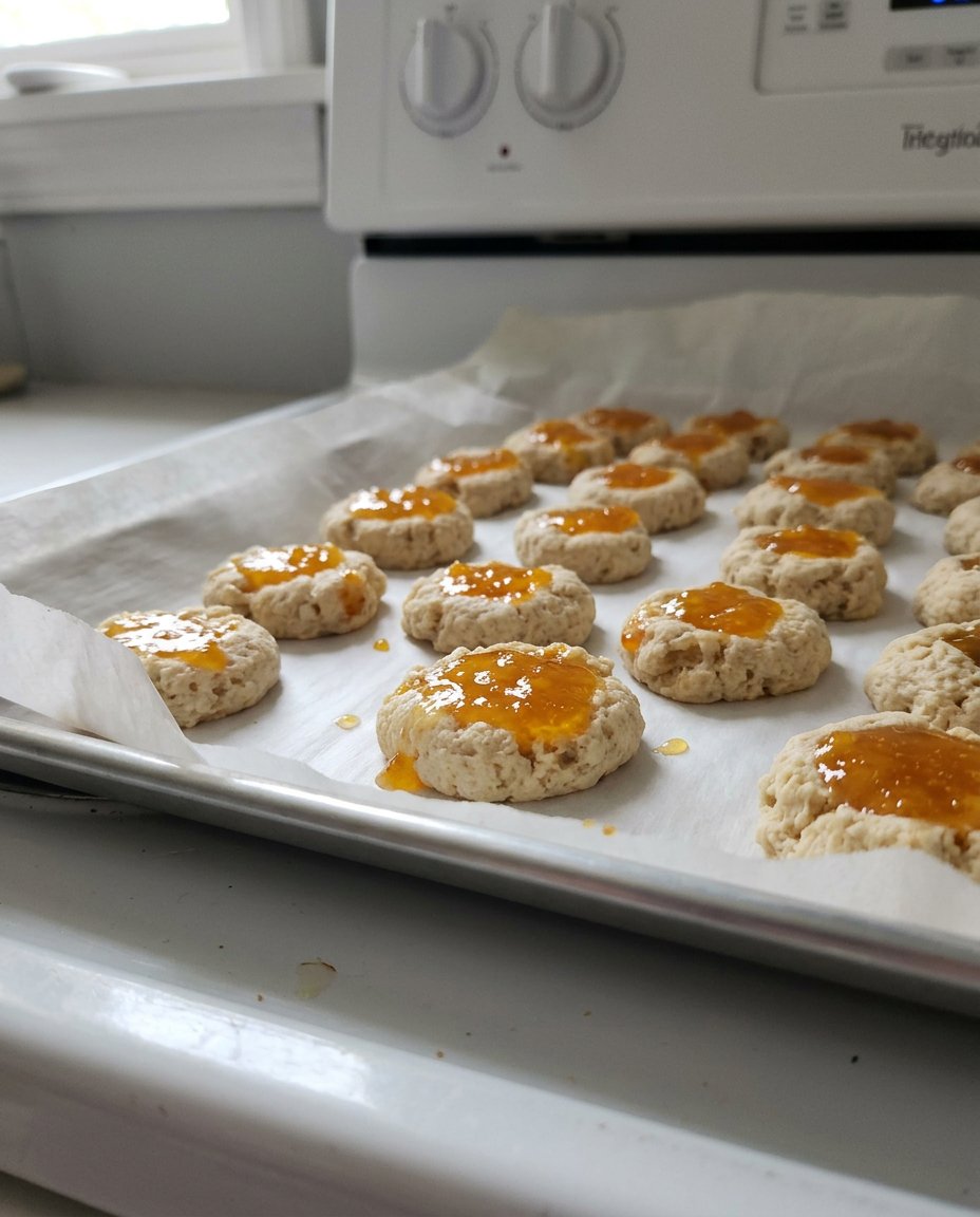 Close up of a peach thumbprint cookie showing the shortbread texture and fruit filling.