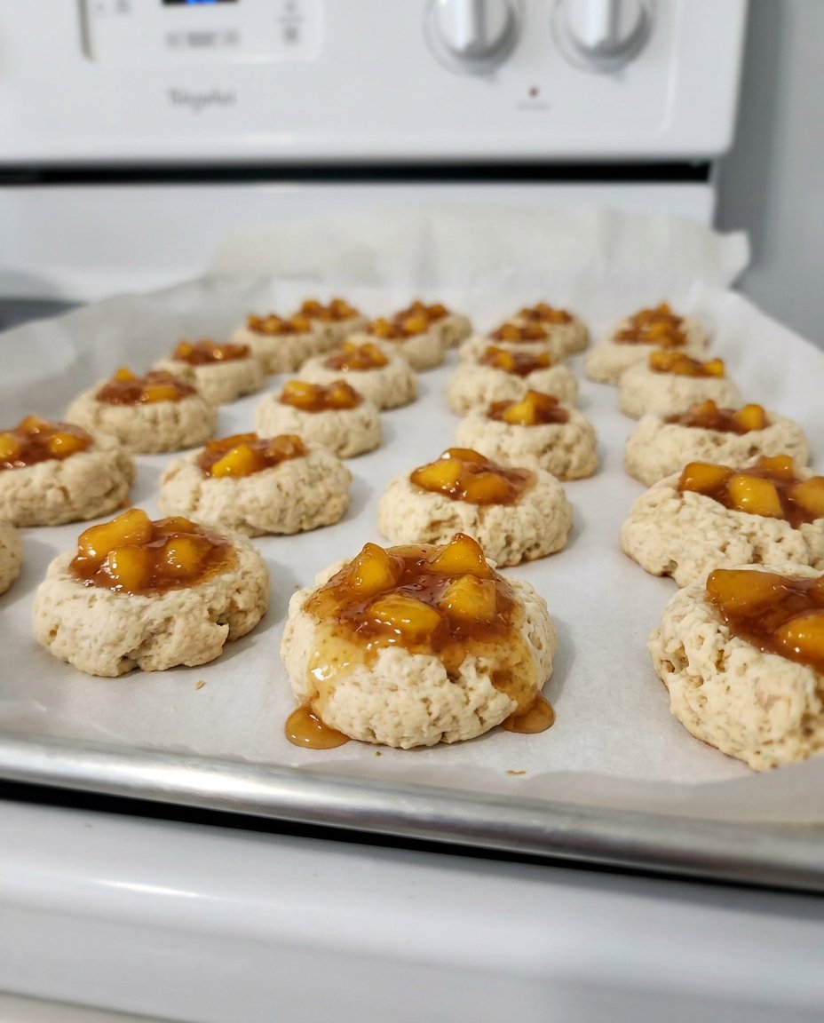 A tray of finished peach thumbprint cookies with cinnamon glaze being drizzled.