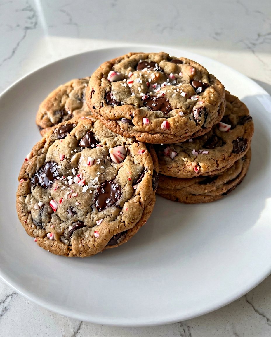 A close up of peppermint chocolate chip cookies showing melted bittersweet chocolate and red mint chips.
